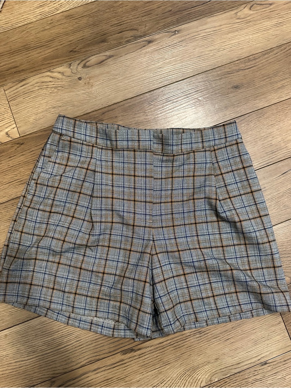 RACHEL Rachel Roy High-Waist Plaid Shorts in Gray, Brown and Blue